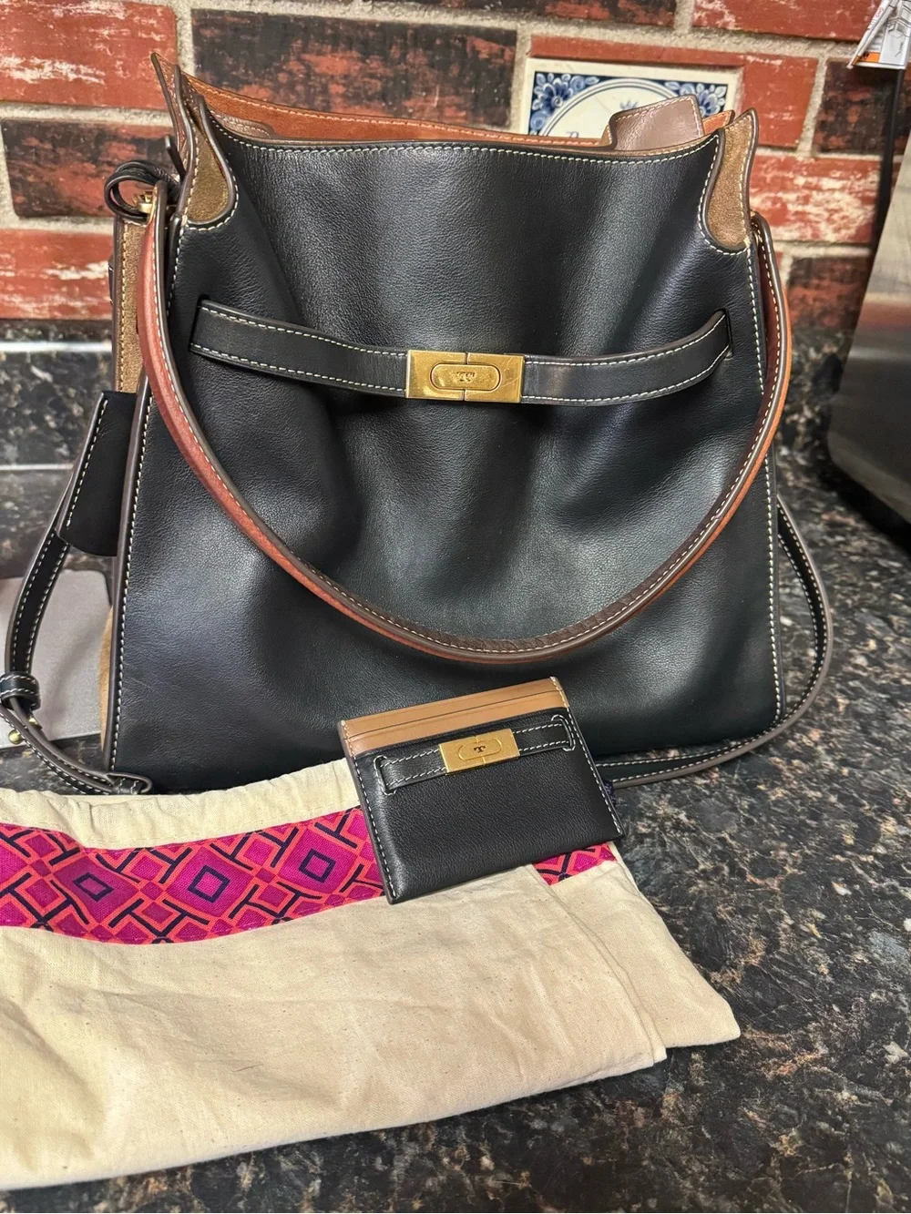 Tory Burch Lee Radziwill Double Bag Black Leather + Matching Card Case